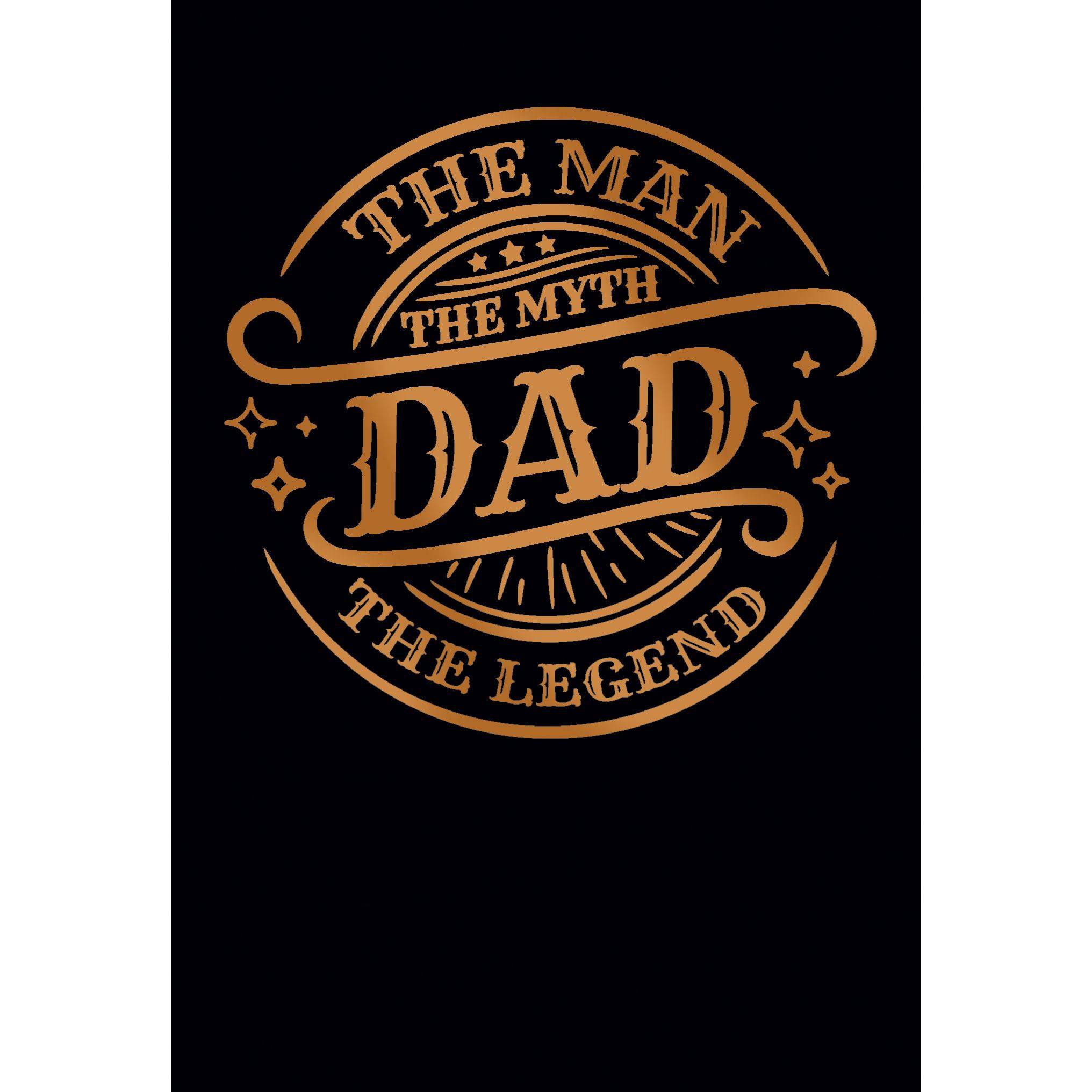 Father's Day card featuring "Man Myth Legend" design by Omega Industry Co., LTD, with bold typography and celebratory graphics.